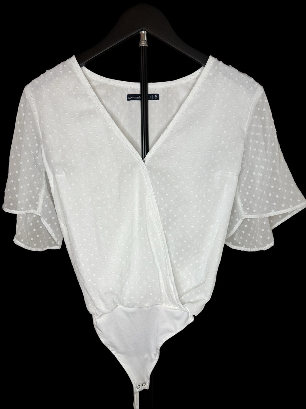 Abercrombie & Fitch White Swiss Dot Wrap-Style Bodysuit with Flutter Sleeves